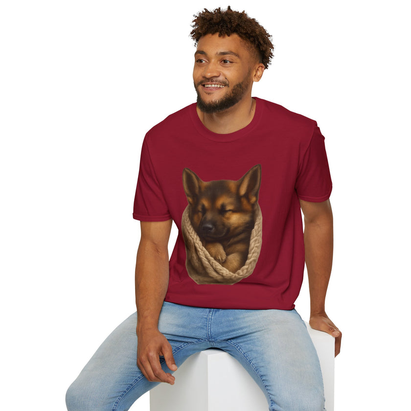 Man wearing a red t-shirt with a graphic of a dog on a white background