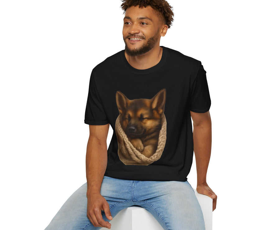 Man wearing a black t-shirt with a dog graphic on a white background