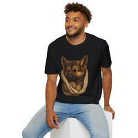 Man wearing a black t-shirt with a dog graphic on a white background