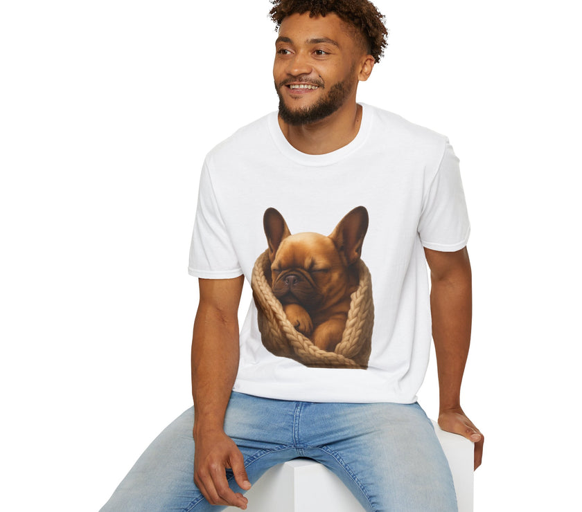 Man wearing a white t-shirt with a dog graphic on a white background