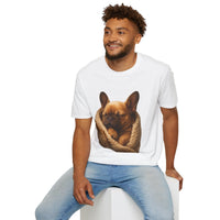 Man wearing a white t-shirt with a dog graphic on a white background