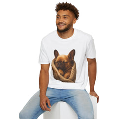 Man wearing a white t-shirt with a dog graphic on a white background