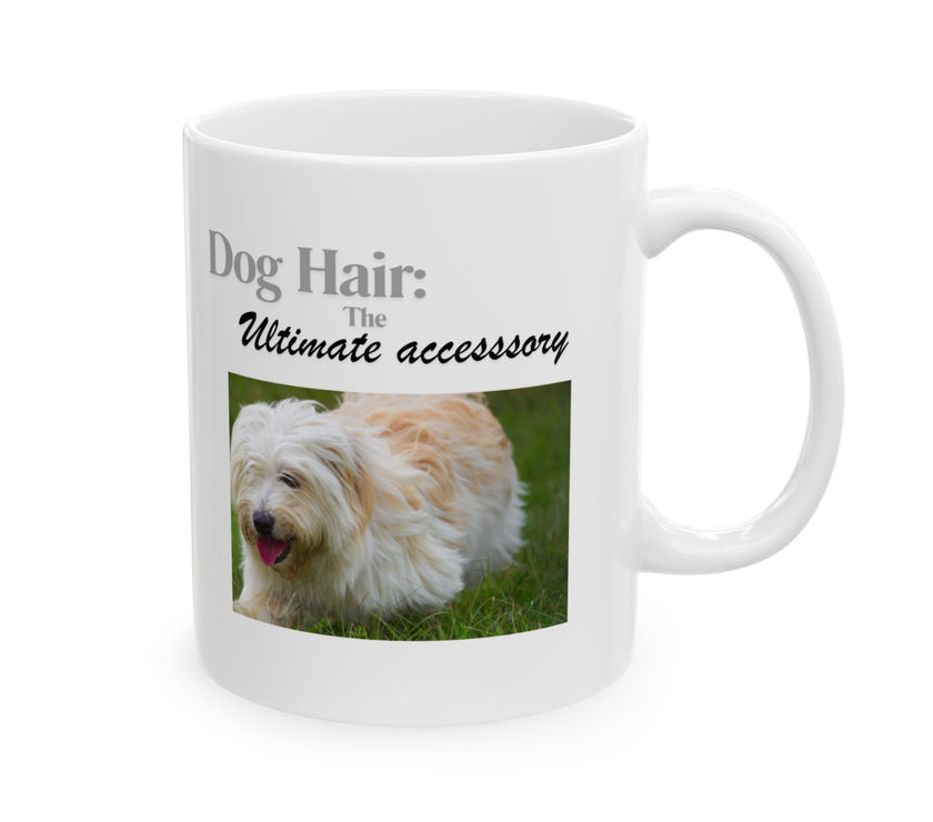 White ceramic mug featuring a photo of dogs lying on grass, with the humorous quote "Dog Hair: The Ultimate Accessory" printed below the image.