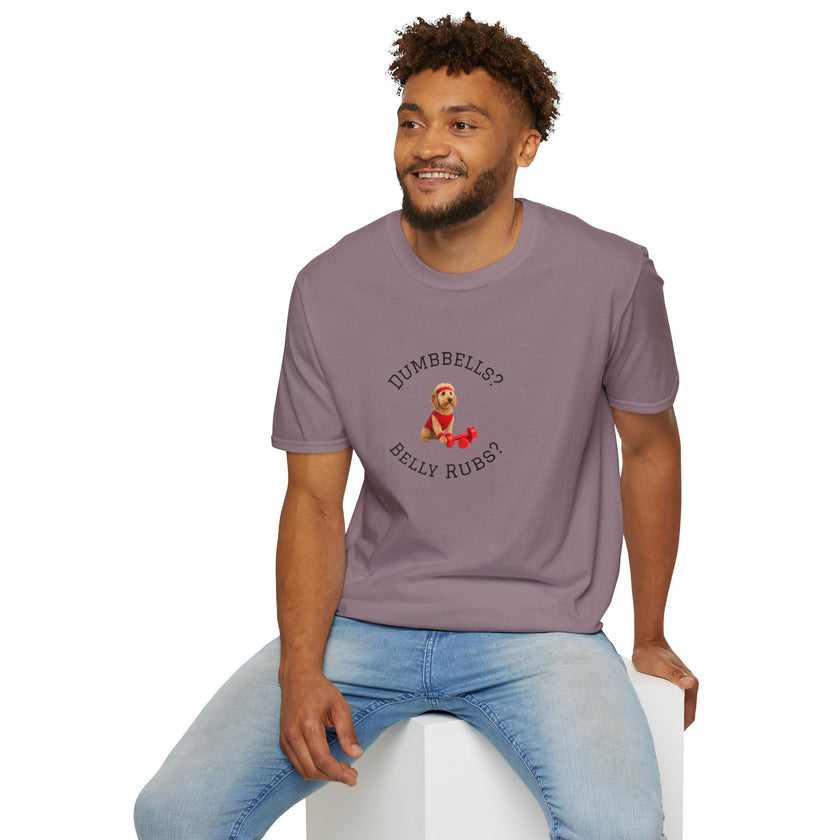 Man wearing a purple t-shirt with text and graphics, sitting on a white stool against a white background