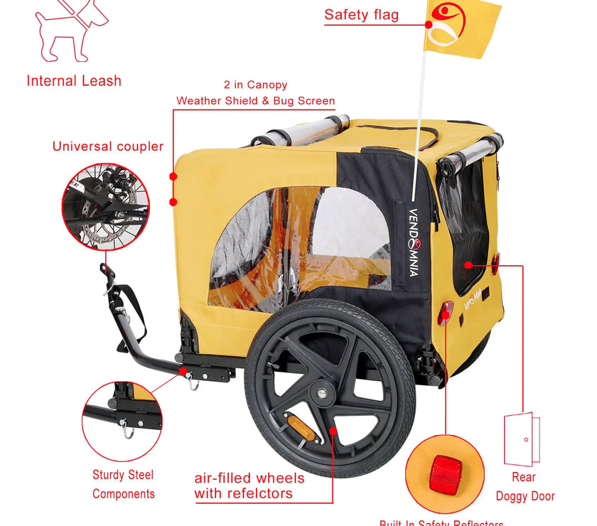 Bicycle pet trailer, small to large dogs weighing up to 88 pounds, folding frame carrier, quick release wheels, universal bicycle coupler