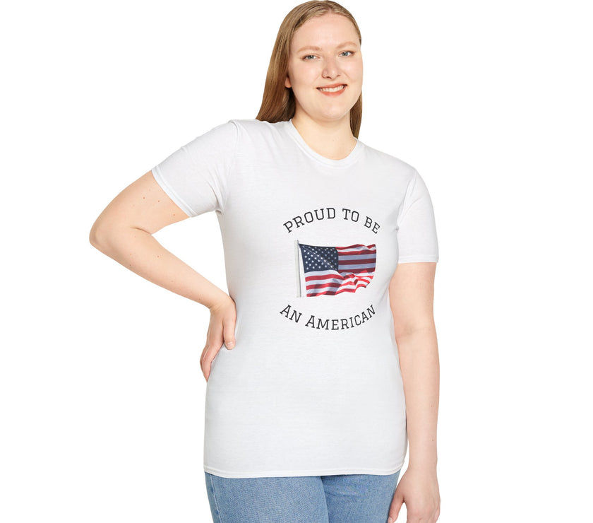 Smiling woman wearing a white t-shirt with an American flag graphic and the words 'Proud to Be an American' printed around the flag