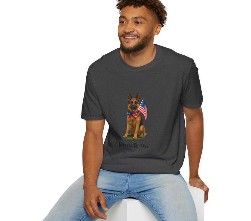 Dark Heather t-shirt featuring a patriotic German Shepherd wearing an American flag bowtie and holding U.S. flags, with the phrase "Born to Be Free" printed below — perfect for dog lovers and patriotic Americans.