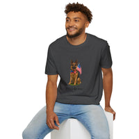 Dark Heather t-shirt featuring a patriotic German Shepherd wearing an American flag bowtie and holding U.S. flags, with the phrase "Born to Be Free" printed below — perfect for dog lovers and patriotic Americans.