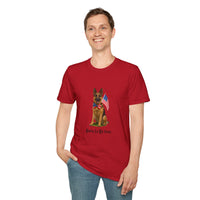 Cherry Red t-shirt featuring a patriotic German Shepherd wearing an American flag bowtie and holding U.S. flags, with the phrase "Born to Be Free" printed below — perfect for dog lovers and patriotic Americans.