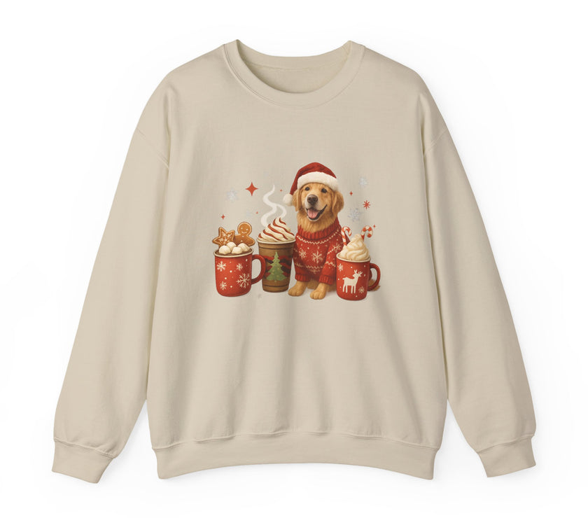 Beige sweatshirt with a dog wearing a Santa hat and festive items design on a white background