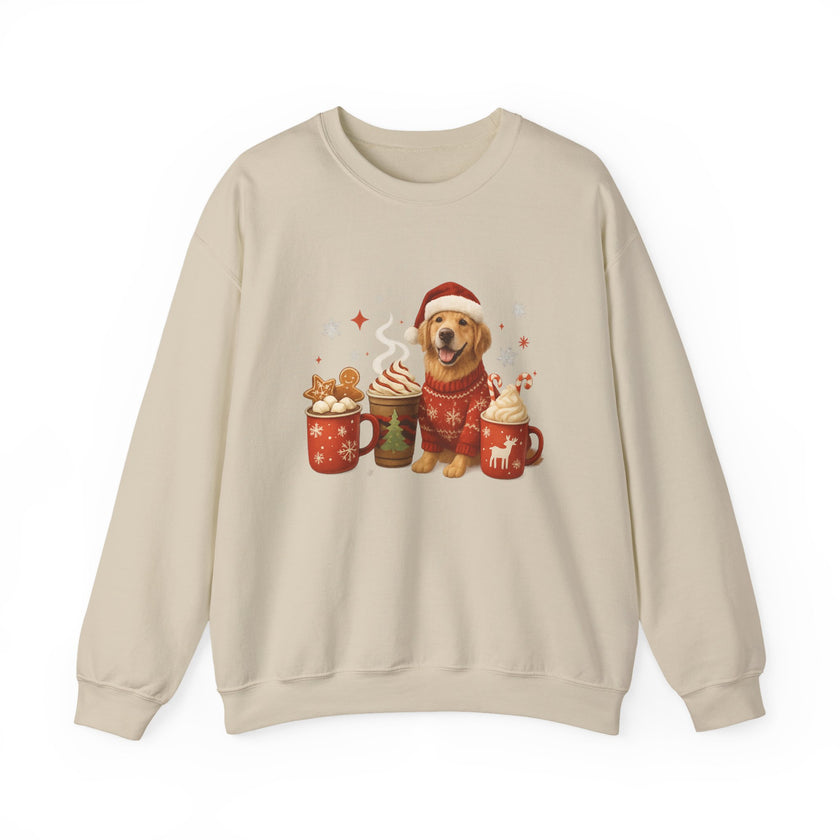 Beige sweatshirt with a dog wearing a Santa hat and festive items design on a white background