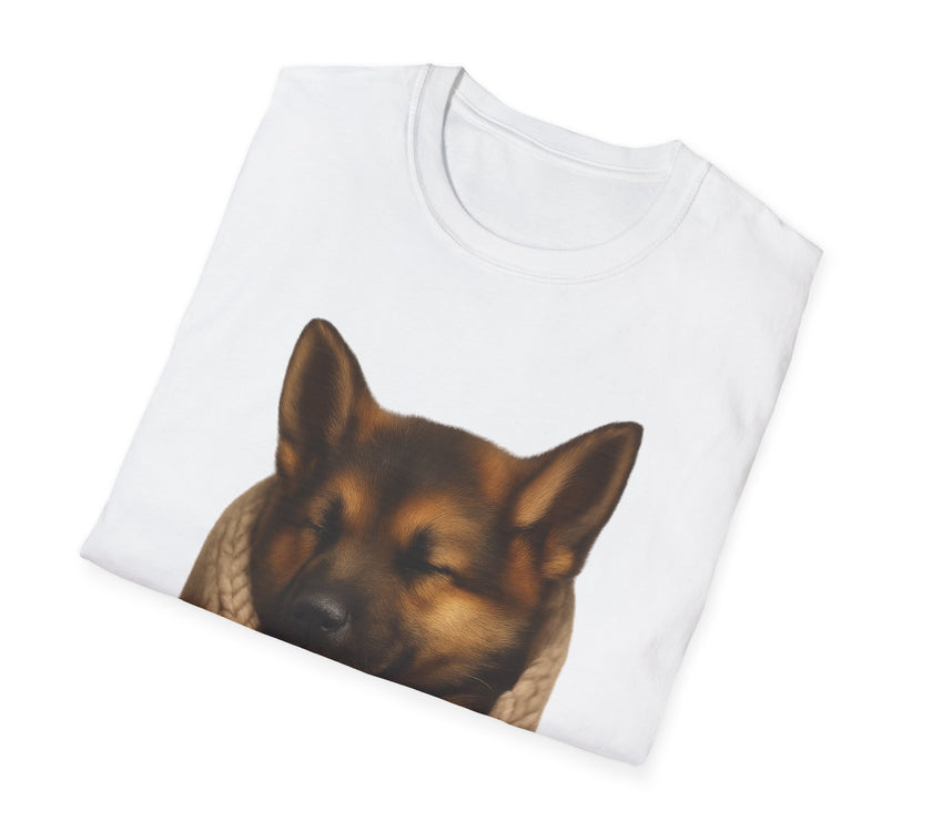 White t-shirt with a printed dog design on a white background