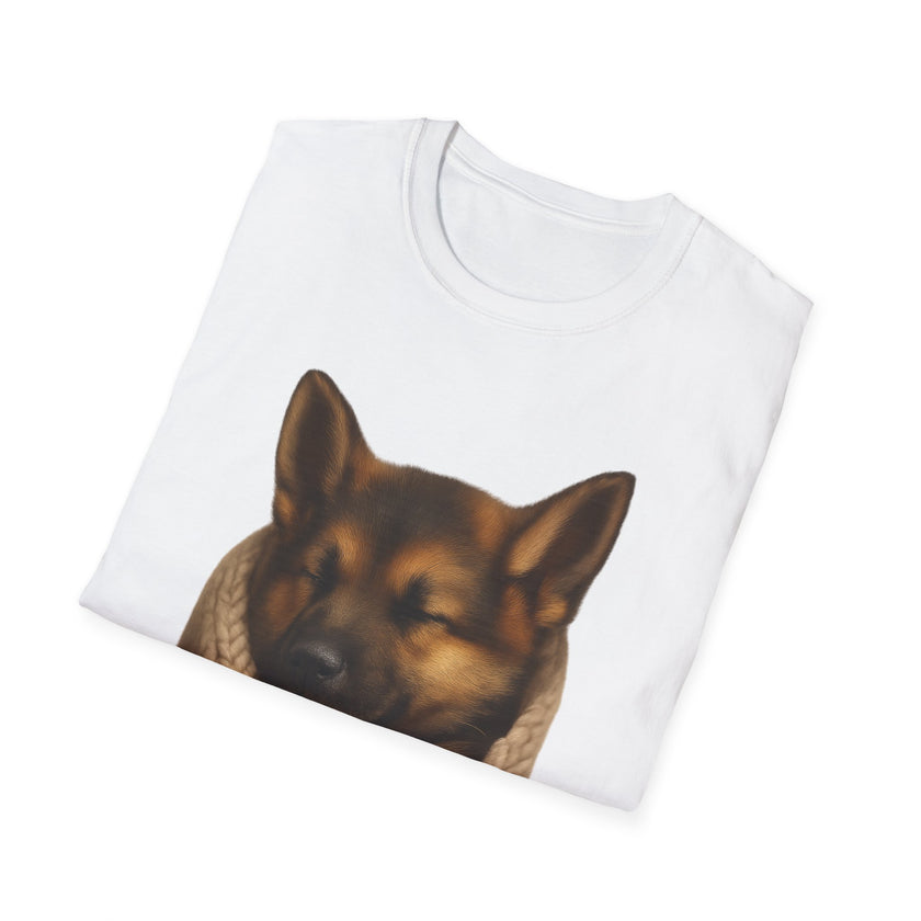White t-shirt with a printed dog design on a white background
