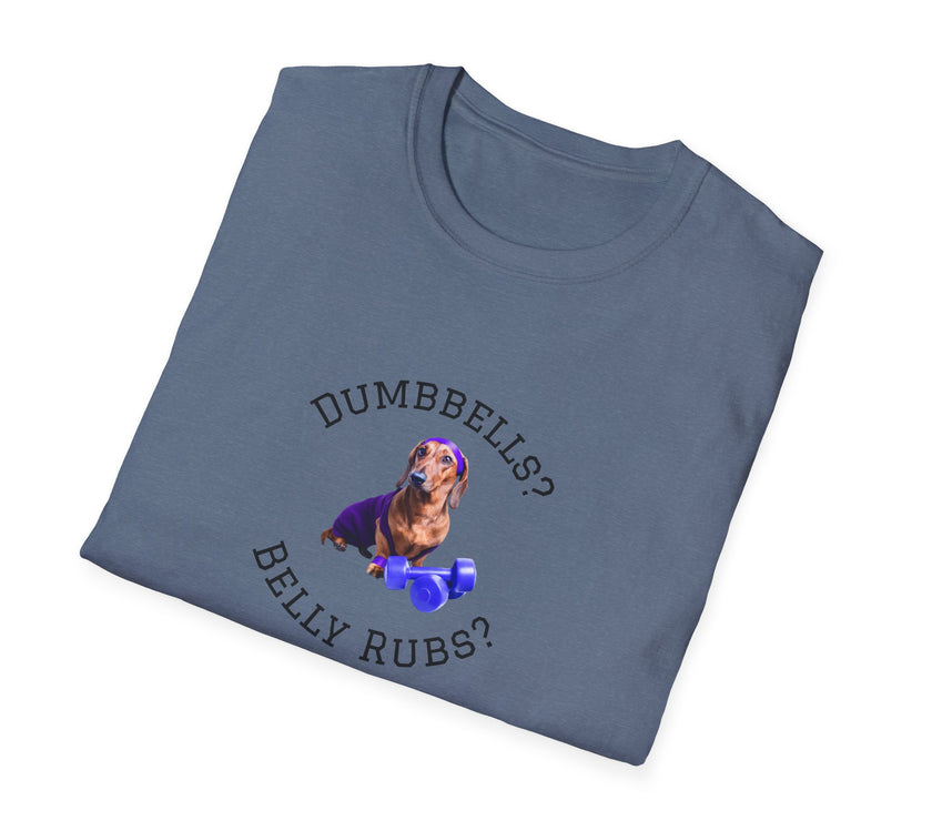 Heather Indigo adult T-shirt with a printed image of a dog and the humorous text 'Dumbbells? Belly Rubs?', designed for dog lovers and fitness enthusiasts.