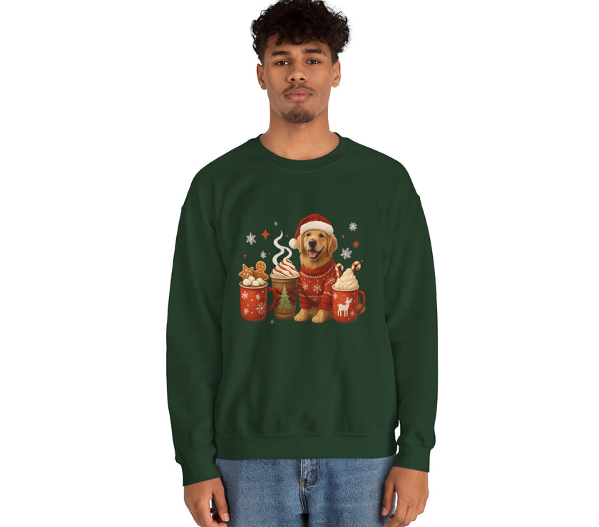 Person wearing a green sweatshirt with a Christmas-themed design of a dog and hot drinks.