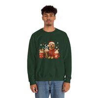 Person wearing a green sweatshirt with a Christmas-themed design of a dog and hot drinks.