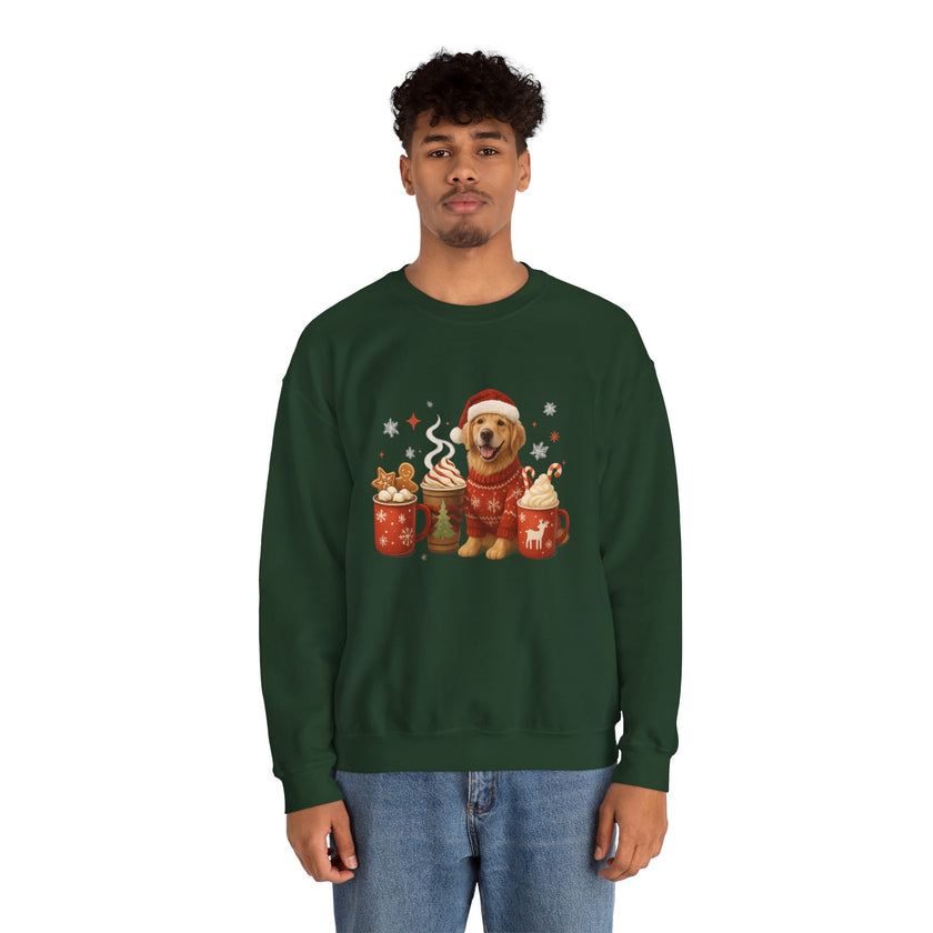 Person wearing a green sweatshirt with a Christmas-themed design of a dog and hot drinks.