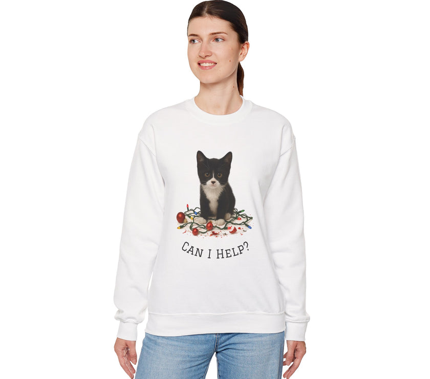 Person wearing a white sweatshirt with a cat graphic and text on a white background