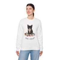 Person wearing a white sweatshirt with a cat graphic and text on a white background