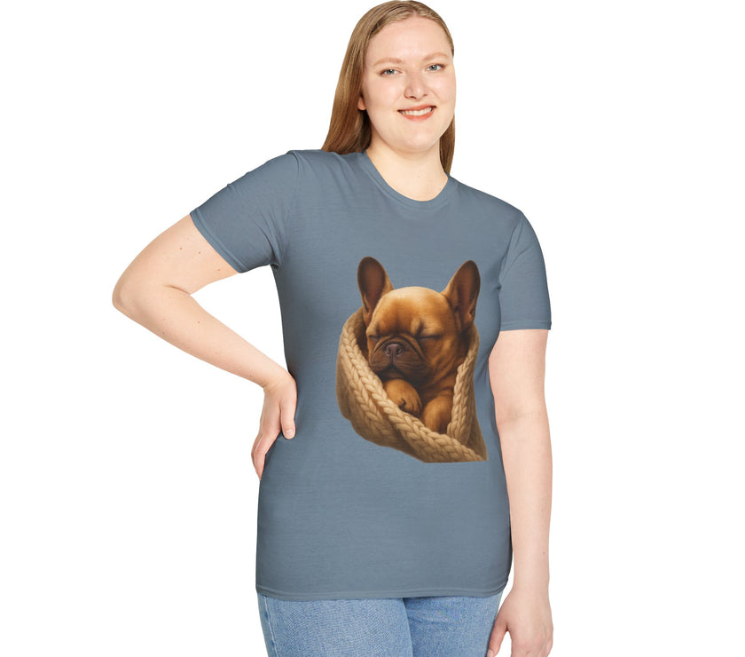 Person wearing a gray t-shirt with a dog graphic on a white background