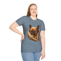 Person wearing a gray t-shirt with a dog graphic on a white background
