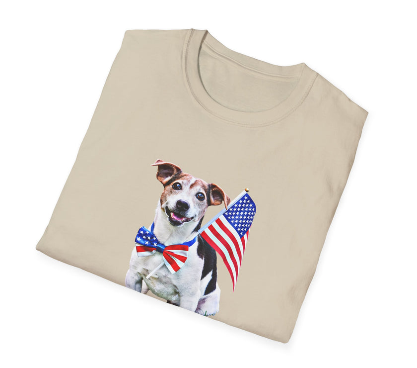 Folded T-shirt featuring a cute  puppy wearing an American flag bow tie and holding a small U.S. flag, with the phrase 'Born to Be Free' printed below the image.