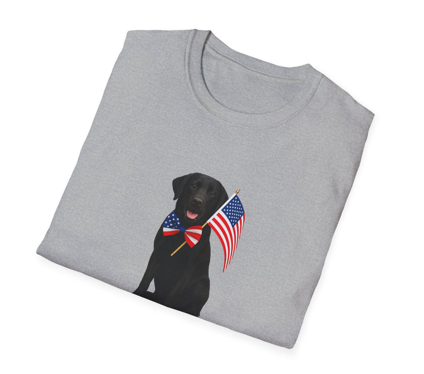 Sport Grrey t-shirt featuring a patriotic Black Lab wearing an American flag bowtie and holding U.S. flags, with the Black Lab phrase "Born to Be Free" printed below — perfect for dog lovers and patriotic Americans.