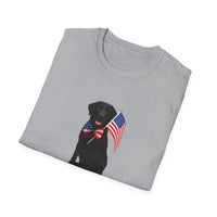 Sport Grrey t-shirt featuring a patriotic Black Lab wearing an American flag bowtie and holding U.S. flags, with the Black Lab phrase "Born to Be Free" printed below — perfect for dog lovers and patriotic Americans.