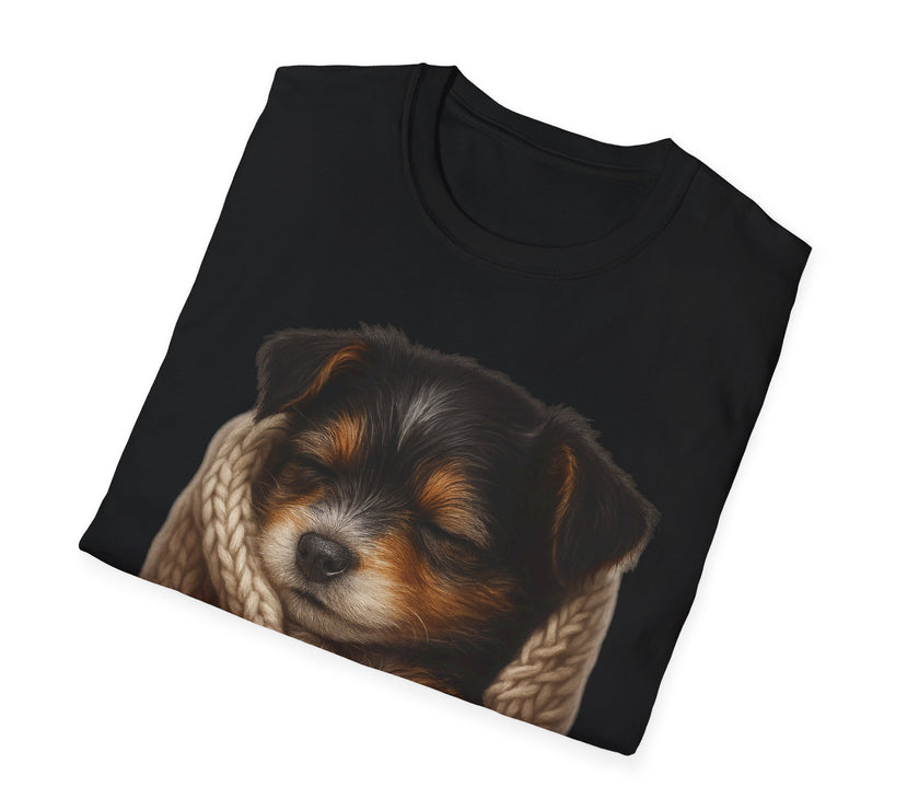 Black t-shirt with a printed design of a puppy on a white background