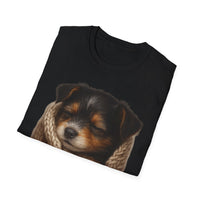 Black t-shirt with a printed design of a puppy on a white background