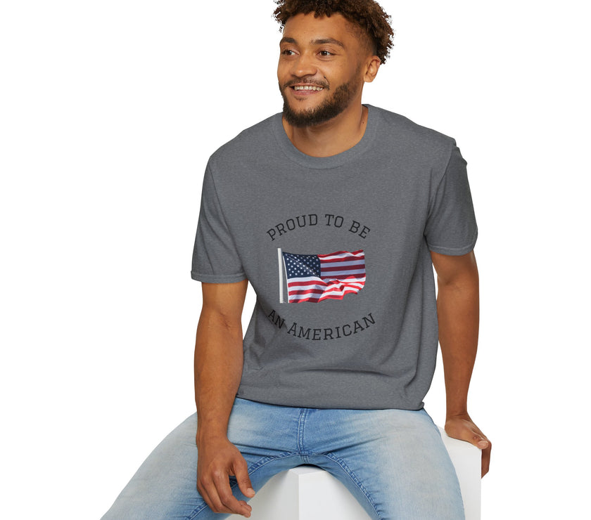 Young man  wearing a white t-shirt with an American flag graphic and the words 'Proud to Be an American' printed around the flag