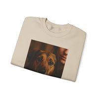 Beige t-shirt with a printed design of a dog and a person on a white background