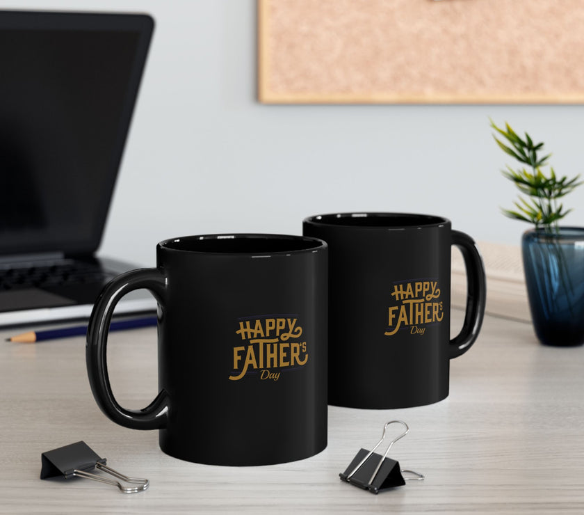 Black ceramic mug with gold Happy Father’s Day script, perfect gift for dads who enjoy stylish and meaningful coffee mugs