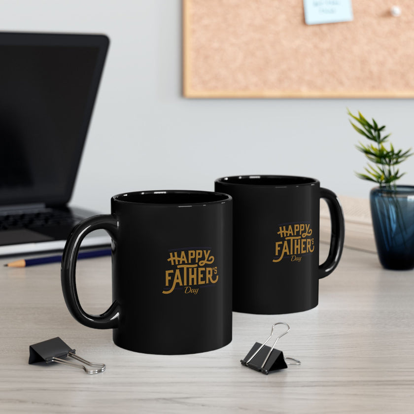 Black ceramic mug with gold Happy Father’s Day script, perfect gift for dads who enjoy stylish and meaningful coffee mugs