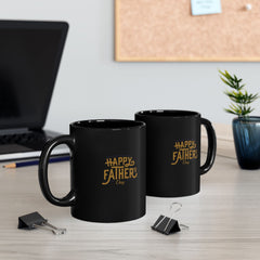 Black ceramic mug with gold Happy Father’s Day script, perfect gift for dads who enjoy stylish and meaningful coffee mugs