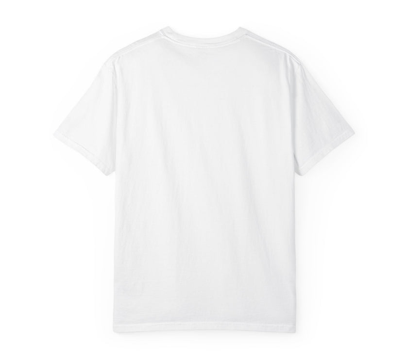 White t-shirt featuring a yellow and navy blue award ribbon graphic on the  front side chest with the text "#1 Dad," designed as a fun and heartfelt Father's Day gift.