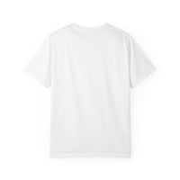 White t-shirt featuring a yellow and navy blue award ribbon graphic on the  front side chest with the text "#1 Dad," designed as a fun and heartfelt Father's Day gift.