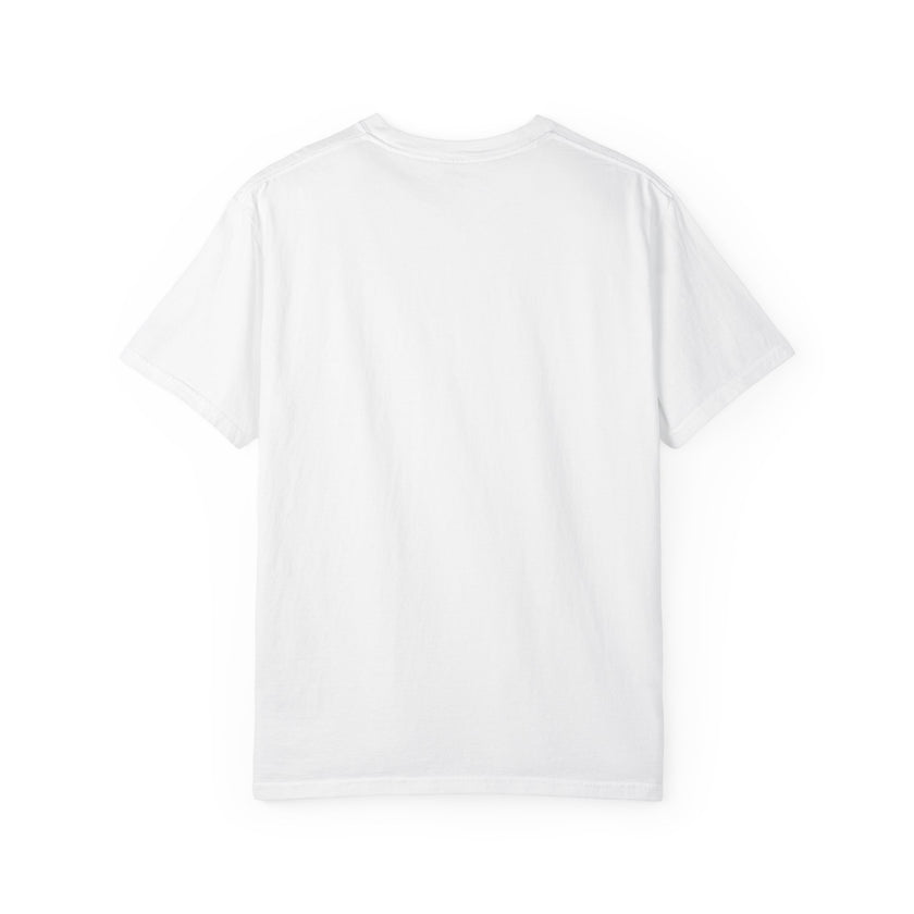 White t-shirt featuring a yellow and navy blue award ribbon graphic on the  front side chest with the text "#1 Dad," designed as a fun and heartfelt Father's Day gift.