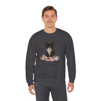 Person wearing a dark gray sweatshirt with a cat graphic and text on a white background