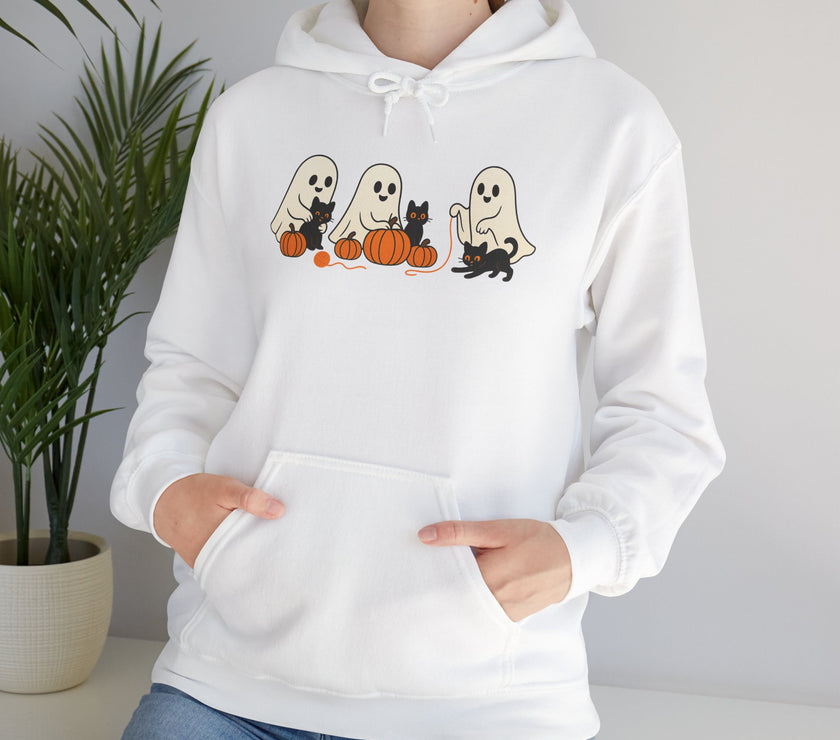 White hoodie with Halloween-themed design featuring ghosts, cats, and pumpkins on a plain background.