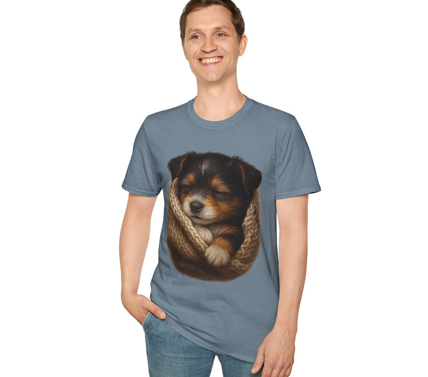 Person wearing a blue t-shirt with a graphic of a dog and rope design on a white background