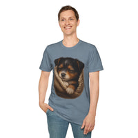 Person wearing a blue t-shirt with a graphic of a dog and rope design on a white background