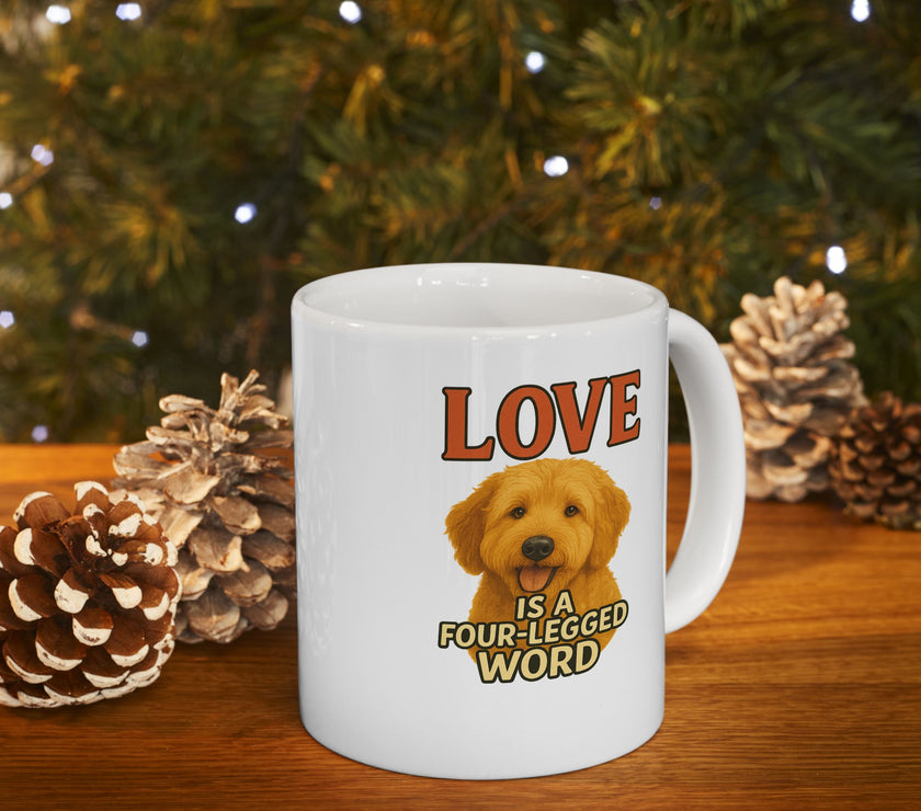 White mug with a dog illustration and text in front of a Christmas tree