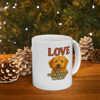White mug with a dog illustration and text in front of a Christmas tree
