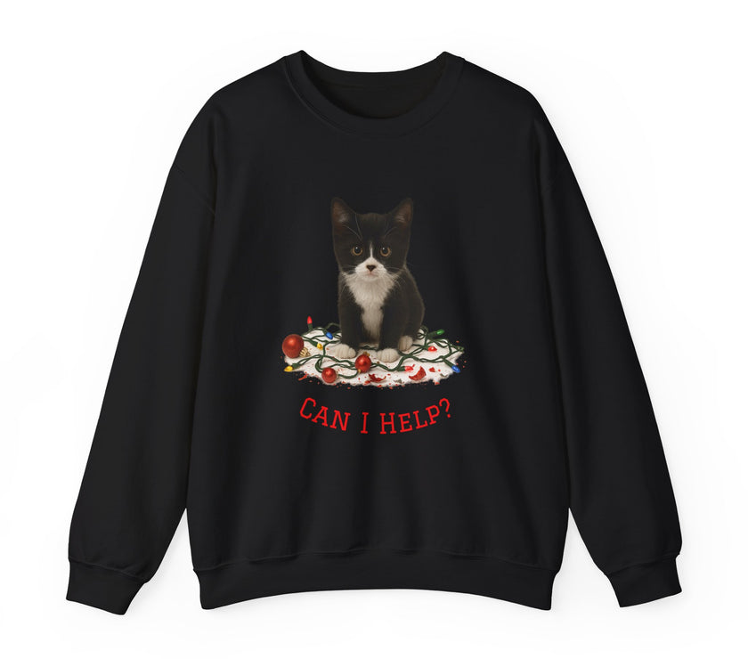 Black sweatshirt with a cat graphic and 'CAN I HELP?' text on a white background