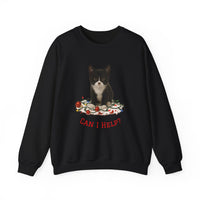 Black sweatshirt with a cat graphic and 'CAN I HELP?' text on a white background