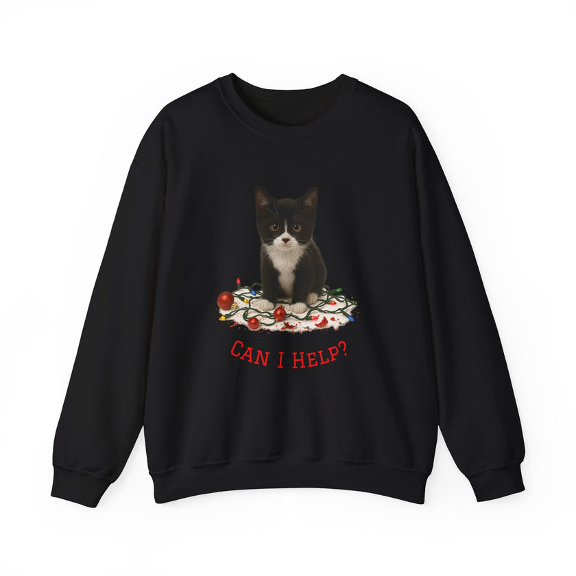 Black sweatshirt with a cat graphic and 'CAN I HELP?' text on a white background