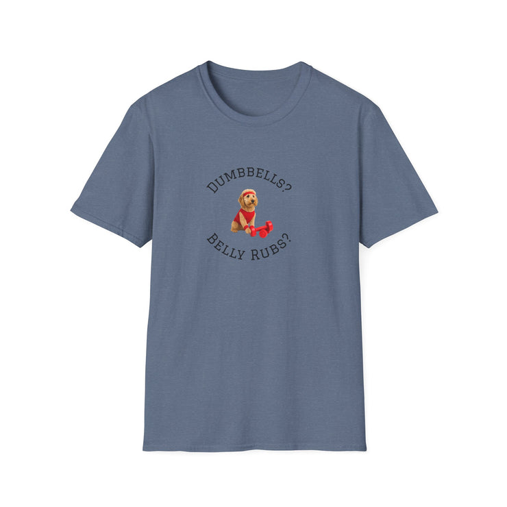 Blue t-shirt with a graphic of a dog and text on a white background
