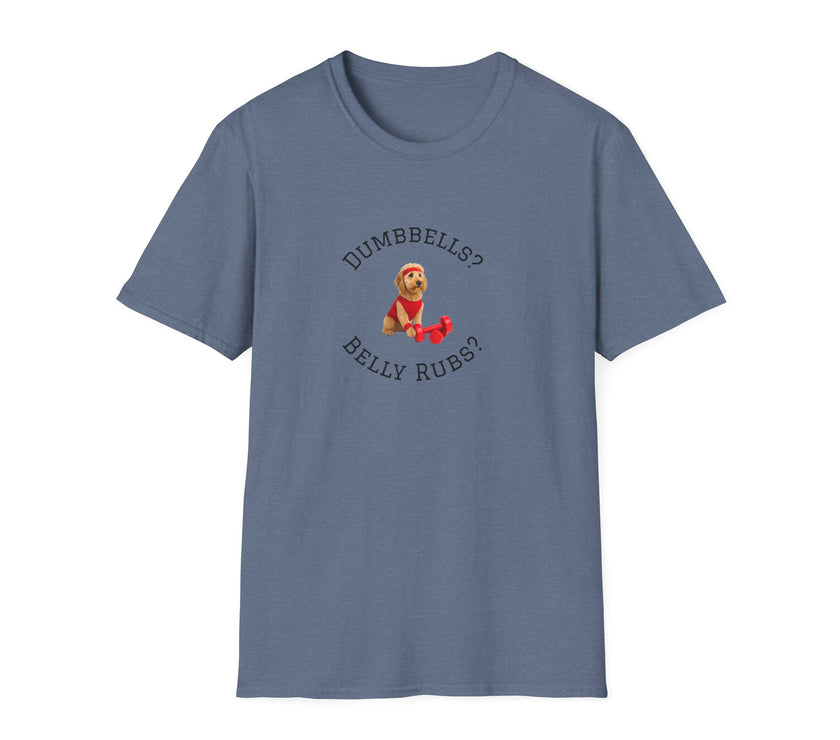 Blue t-shirt with a graphic of a dog and text on a white background