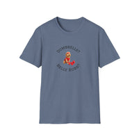 Blue t-shirt with a graphic of a dog and text on a white background
